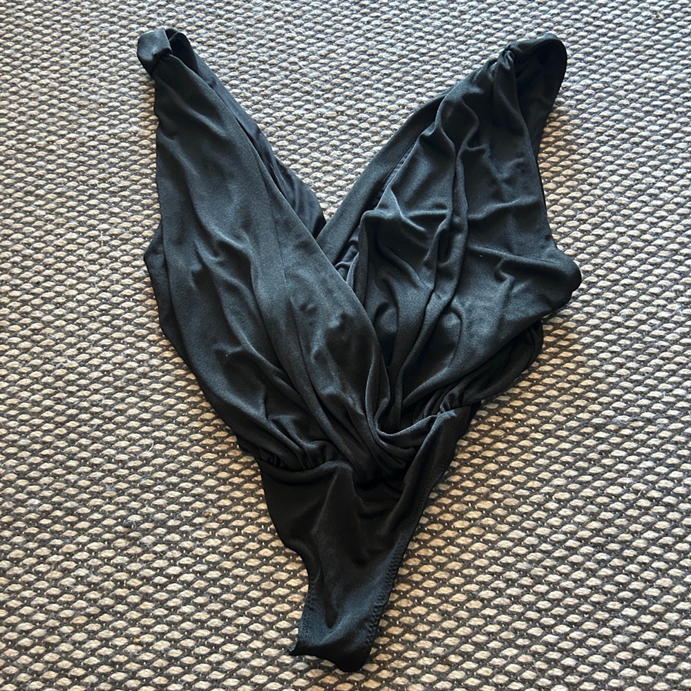 Free People Black Satin Bodysuit with Plunging V-Neck